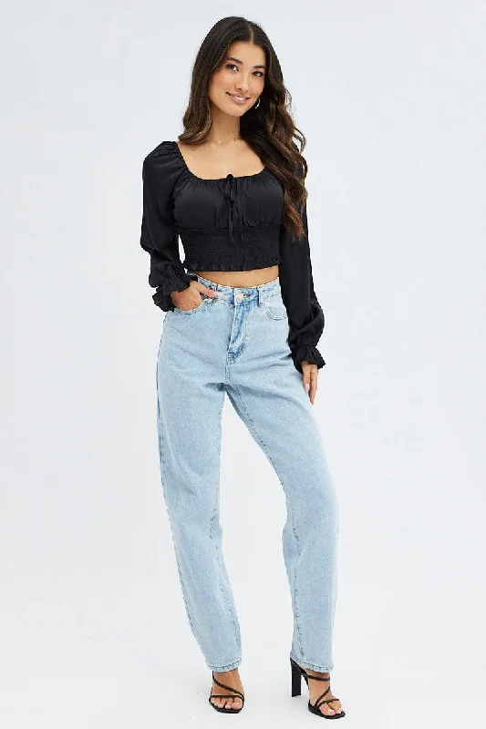 Black Crop Top Long Sleeve Scoop Neck Shirred Satin