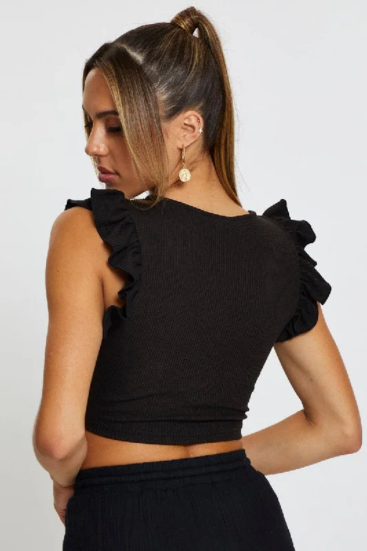 Black Top Flutter Sleeve Ruche