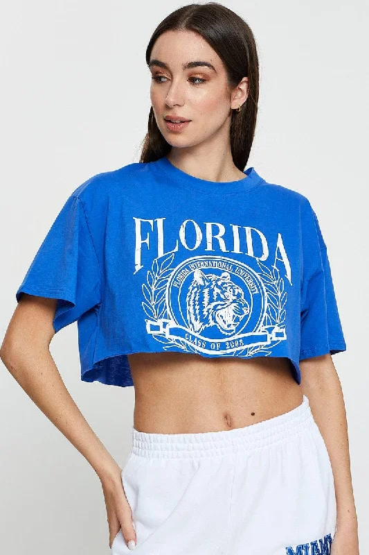 Blue Graphic Crop Top Short Sleeve