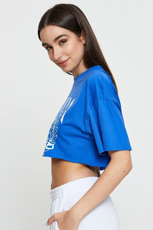 Blue Graphic Crop Top Short Sleeve