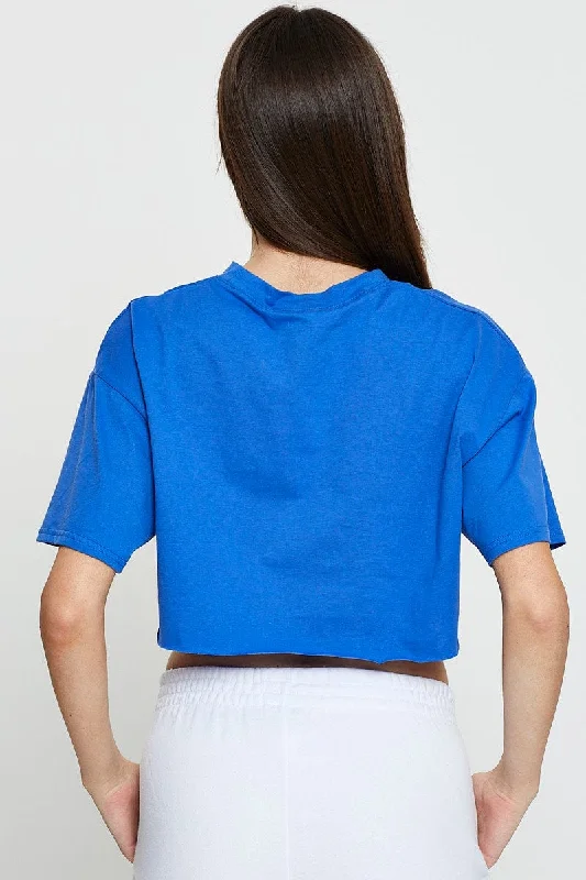 Blue Graphic Crop Top Short Sleeve