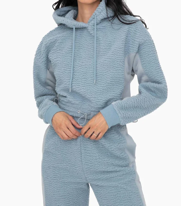 Boxy Sherpa Pullover Hoodie In Smoke Blue