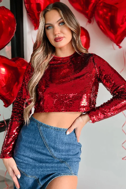 Bright Lights Long Sleeve Sequin Crop Top (Red)