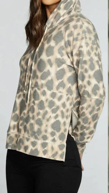 Chaser Rpet Cozy Knit Hoodie With Side Slits In Jungle Leopard