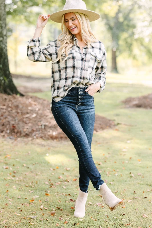 Check It Out Tan Brown Button Down Plaid Top