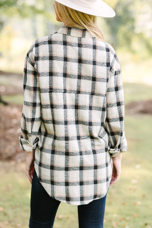 Check It Out Tan Brown Button Down Plaid Top