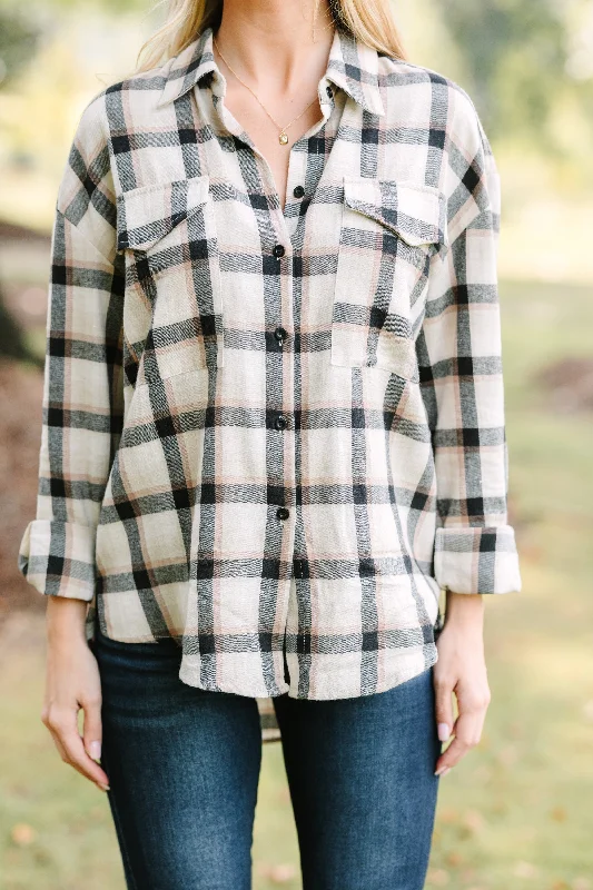 Check It Out Tan Brown Button Down Plaid Top