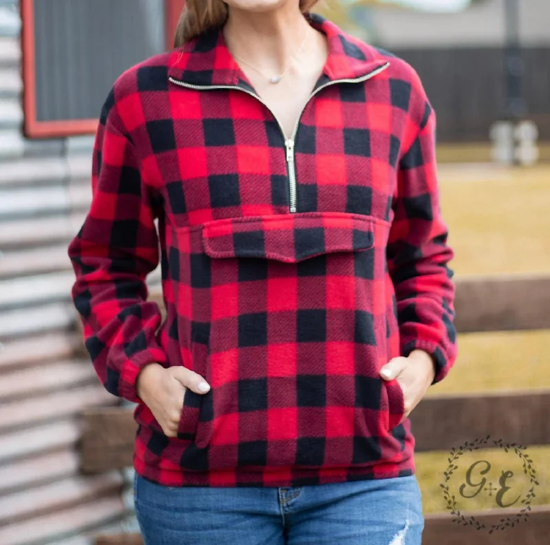 Checker Me Out Pullover With Pockets In Red Plaid