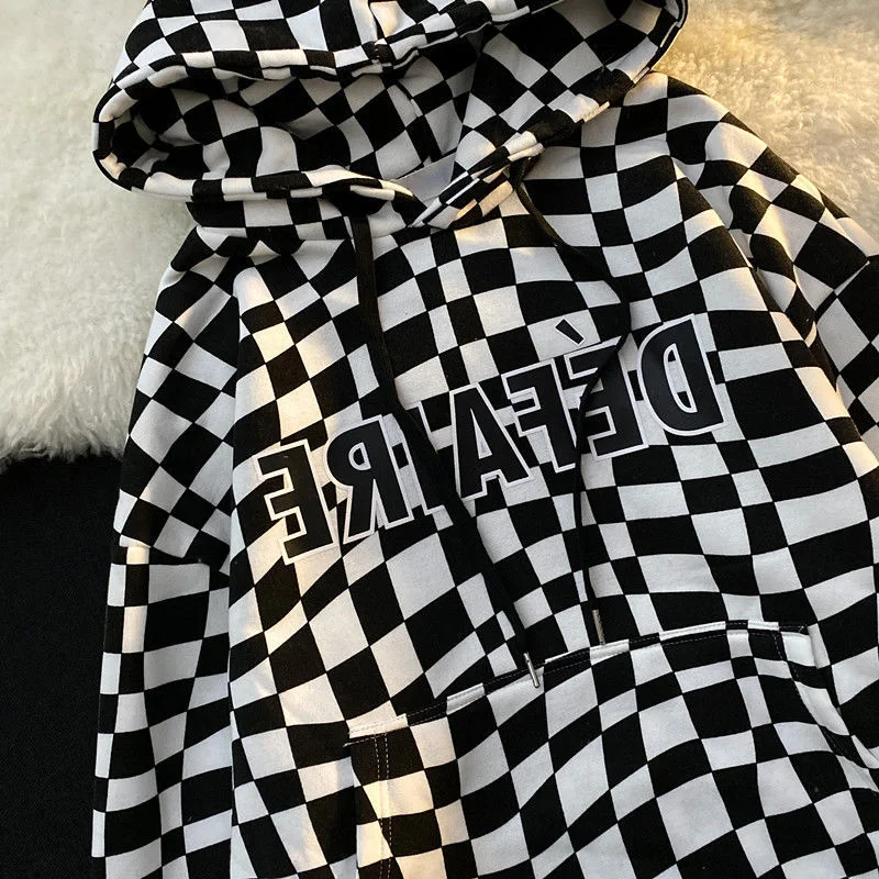 FashionSierra - Checkerboard Plaid Plus Velvet Loose Hiphop Jacket