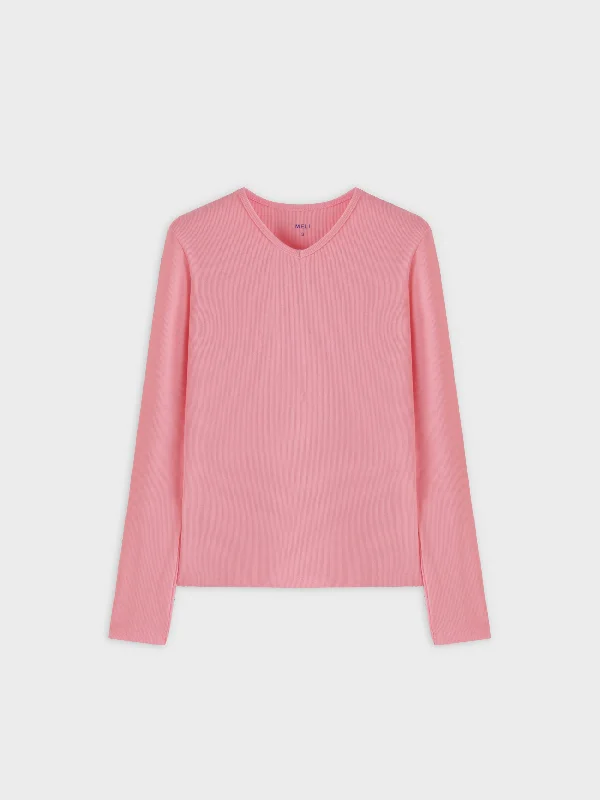 High V Ribbed Tee LS-True Pink