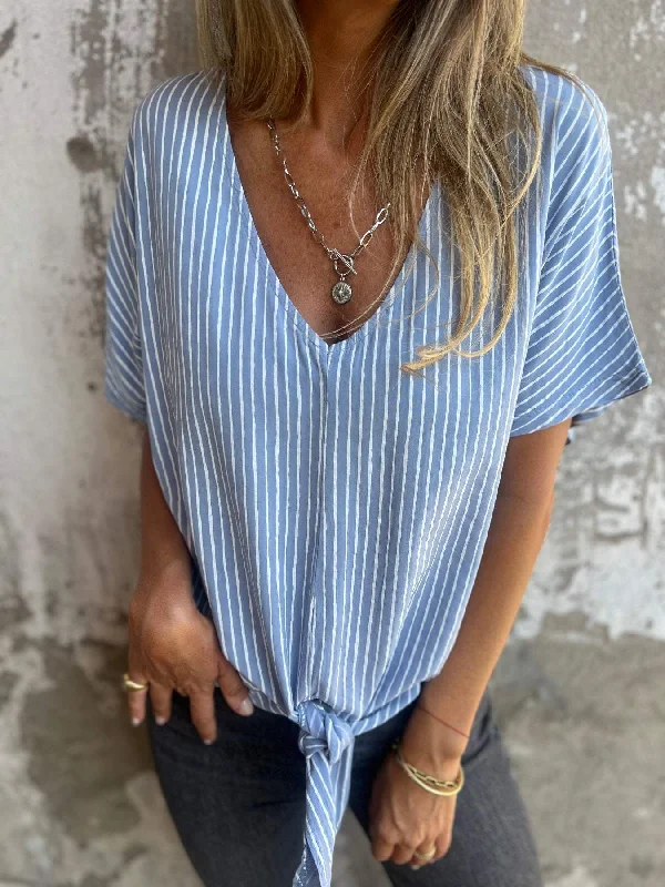 Cotton and Linen V-neck Striped Top