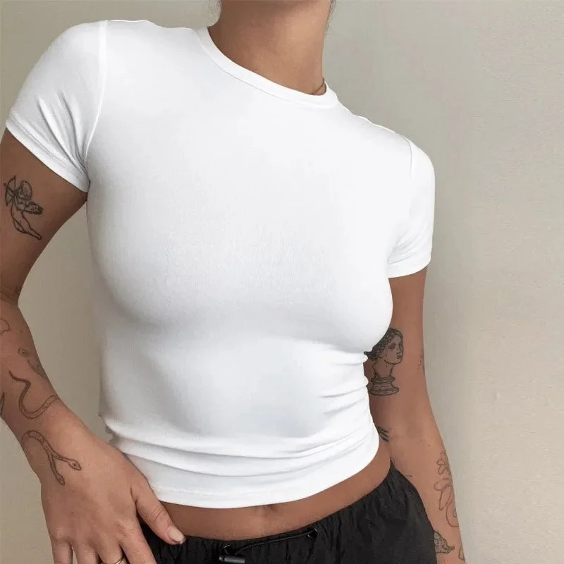 Summer 2024 Short Sleeve Simple Stretch Slim Pullovers Women's Crop Top T-shirt