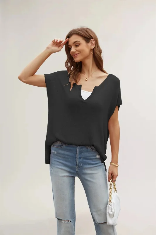 Color Slit Loose Large Size Pullover Spring Women's Short Sleeve V-neck Sweater T-shirt