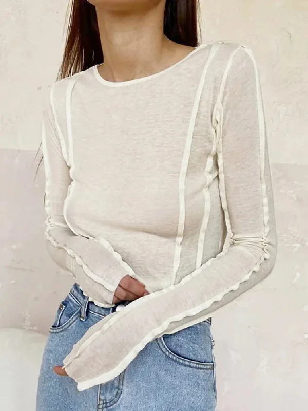 FashionSierra - White O-Neck Yellow Long Sleeve Fall Slim Elastic Solid Crop Tops