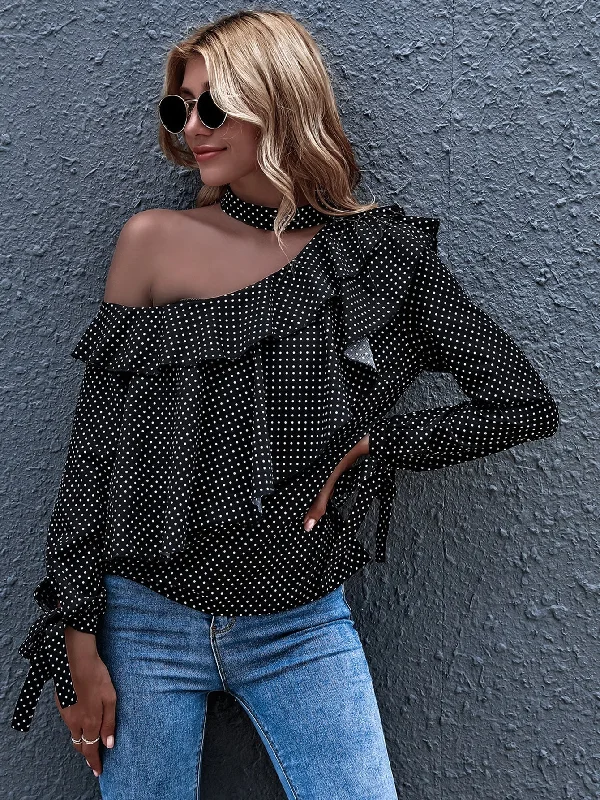 MegaBetty - Polka Dot Cold Shoulder Ruffle Hem Blouse