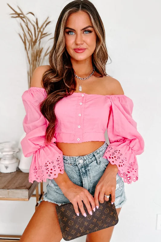 Distracted Thoughts Button-Front Lace Detailed Crop Top (Pink)