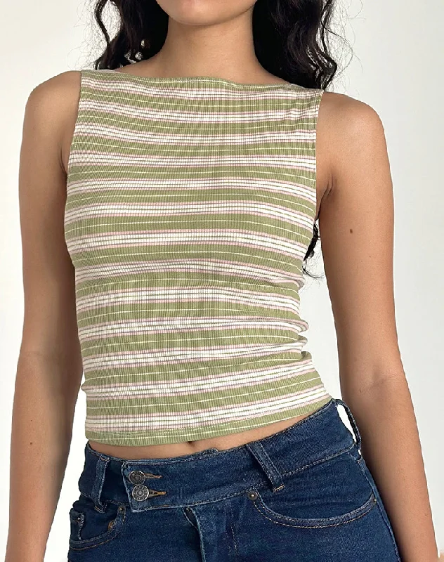 Dudley Vest Top in Green, Pink and White Stripe