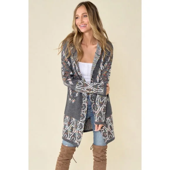 Gray Aztec Rainbow Western Hooded Knit Cardigan Long Sleeve Open Sweater