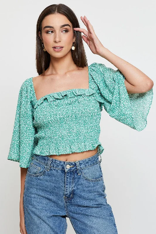 Green Print Crop Top Short Sleeve Crop Square Neck