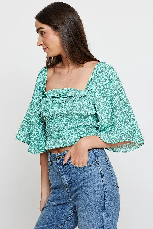 Green Print Crop Top Short Sleeve Crop Square Neck