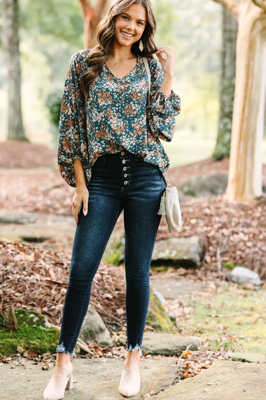 Let's Be Clear Teal Blue Ditsy Floral Bubble Sleeve Blouse