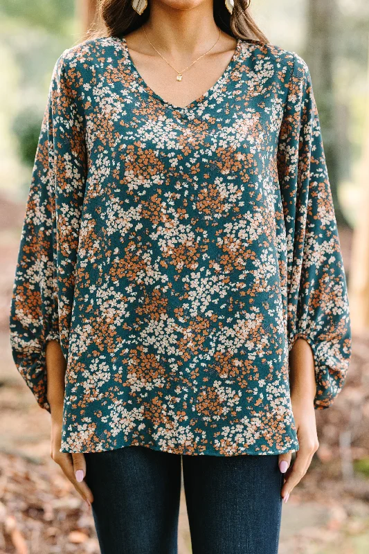 Let's Be Clear Teal Blue Ditsy Floral Bubble Sleeve Blouse