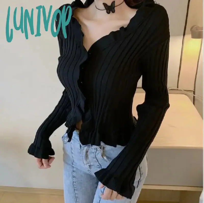 Lunivop Cardigan Women Crop Top Women New Solid Streetwear Ruffles V-Neck Navel Sweater Knitted Sexy Wild Cardigans