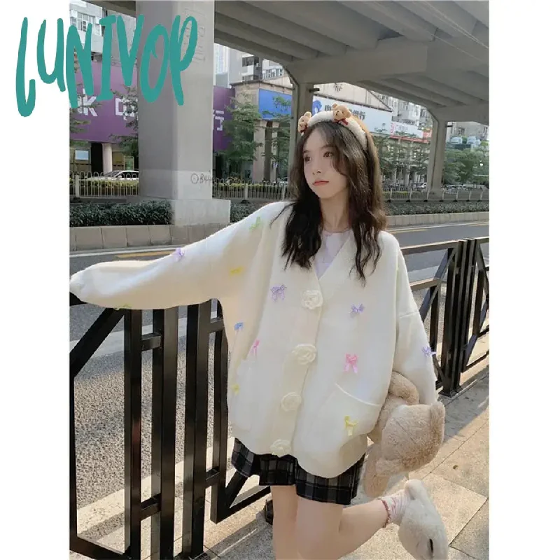 Lunivop Sweet 3D Flowers Knitted Cardigan Women Kawaii Bow V Neck Sweater Coat Korean Cute Oversized Knitwear Streetwear Casual Jumper