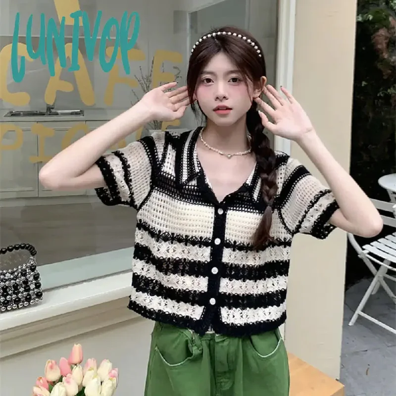 Lunivop Turn-down Collar Cardigan Sweater Women Knitted T-Shirt Spring Summer 2024 Loose Casual Short Sleeve Knitwear Tops Woman Tees