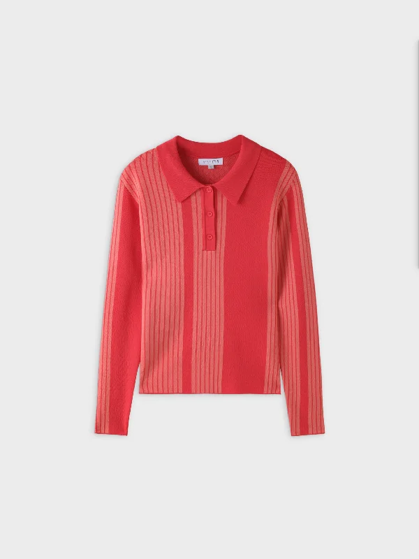 Mixed Stripe Polo Sweater-Coral