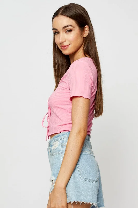 Pink Crop Cardigan Short Sleeve Tie Front