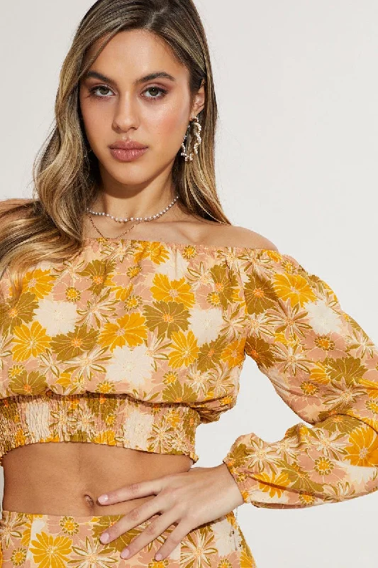 Print Crop Top Long Sleeve