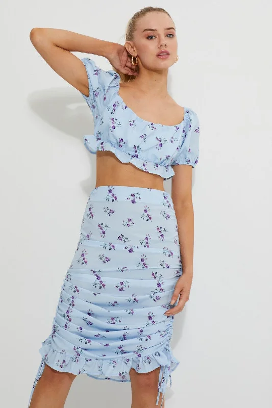 Print Print Puff Shoulder Ruched Bust Crop Top