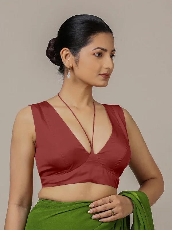 Ahana x Rozaana | Auburn Red Sleeveless FlexiFit™ Saree Blouse with Plunging Neckline and Back Cut Out with Tie-up