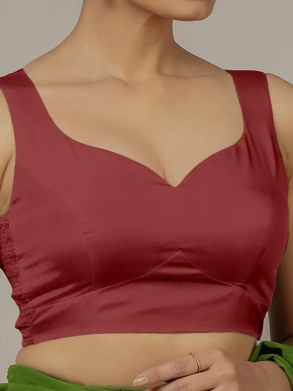 Ishika x Rozaana | Auburn Red Sleeveless FlexiFit™ Saree Blouse with Beetle Leaf Neckline and Back Cut-out with Tie-Up