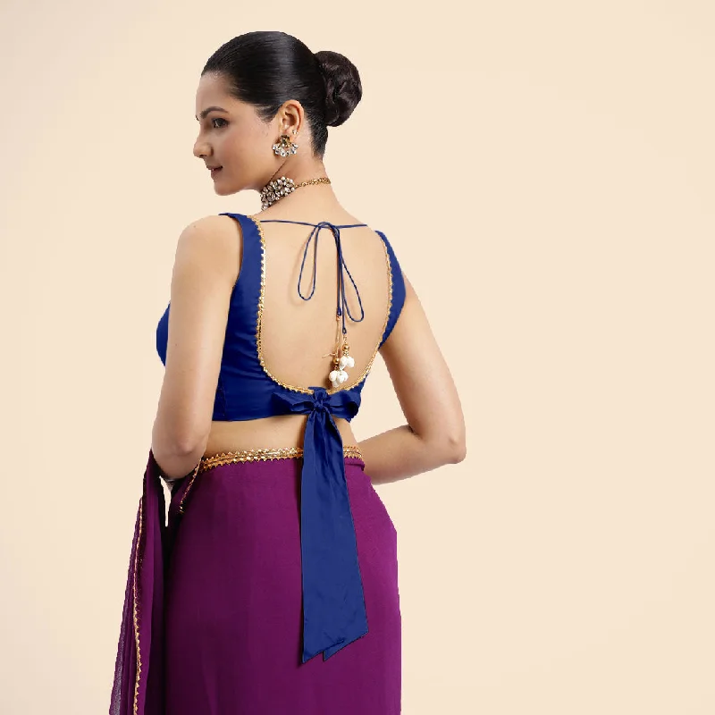 Raisa x Tyohaar | Cobalt Blue Sleeveless FlexiFit™ Saree Blouse with V Neckline with Golden Gota Lace Embellishment and Back Cut-out with Tie-Up