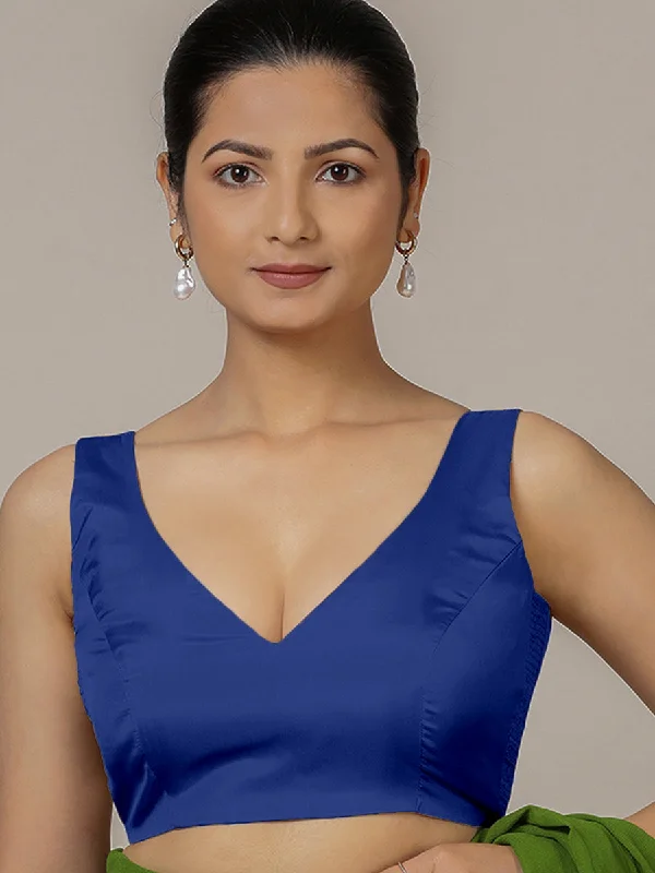 Raisa x Rozaana | Cobalt Blue Sleeveless FlexiFit™ Saree Blouse with Simple V Neckline and Back Cut-out with Tie-Up