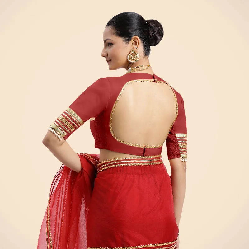 Farheen x Tyohaar | Crimson Red Embellished Elbow Sleeves FlexiFit™ Saree Blouse with Zero Neck with Back Cut-Out and Golden Gota Embellishment