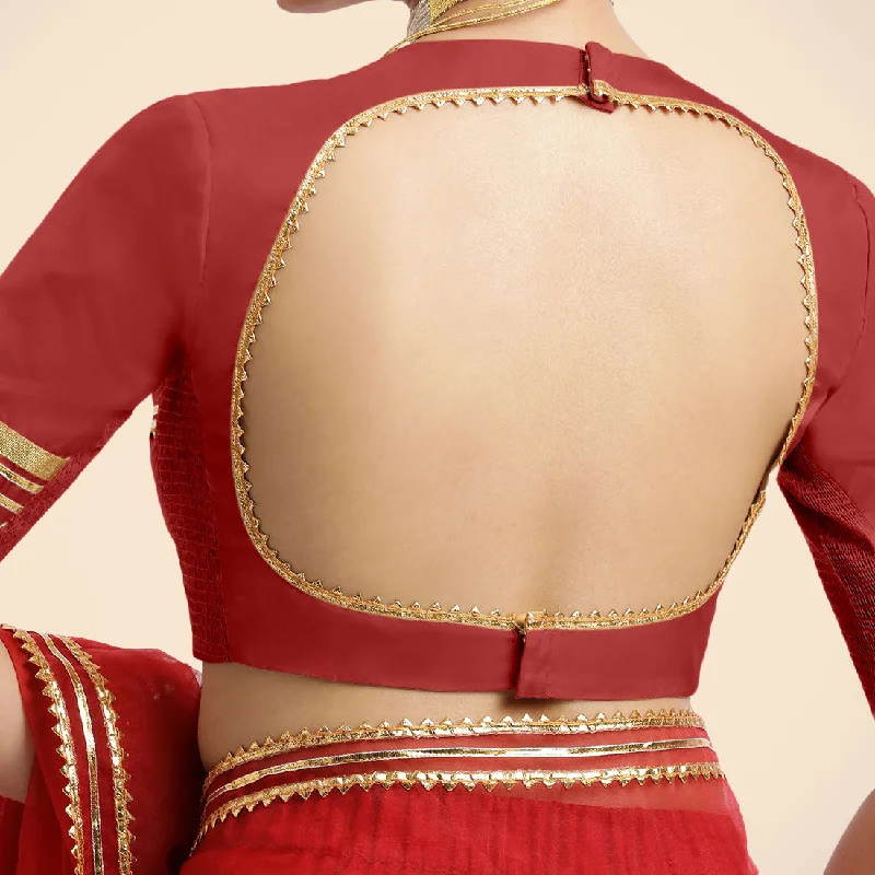 Farheen x Tyohaar | Crimson Red Embellished Elbow Sleeves FlexiFit™ Saree Blouse with Zero Neck with Back Cut-Out and Golden Gota Embellishment