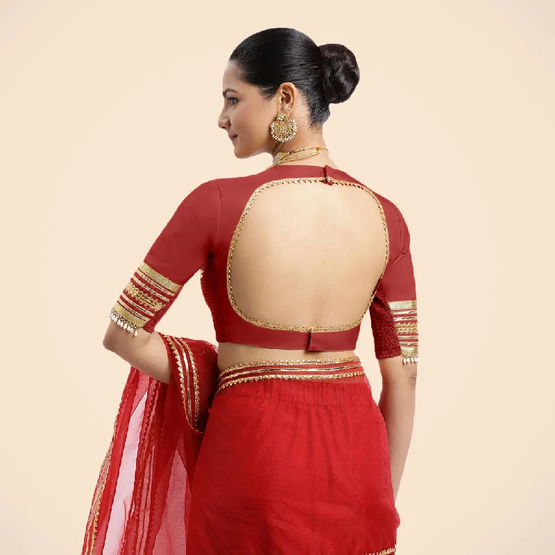 Farheen x Tyohaar | Crimson Red Embellished Elbow Sleeves FlexiFit™ Saree Blouse with Zero Neck with Back Cut-Out and Golden Gota Embellishment