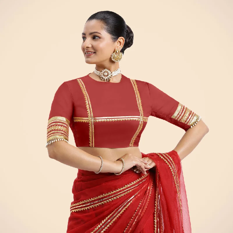 Farheen x Tyohaar | Crimson Red Embellished Elbow Sleeves FlexiFit™ Saree Blouse with Zero Neck with Back Cut-Out and Golden Gota Embellishment