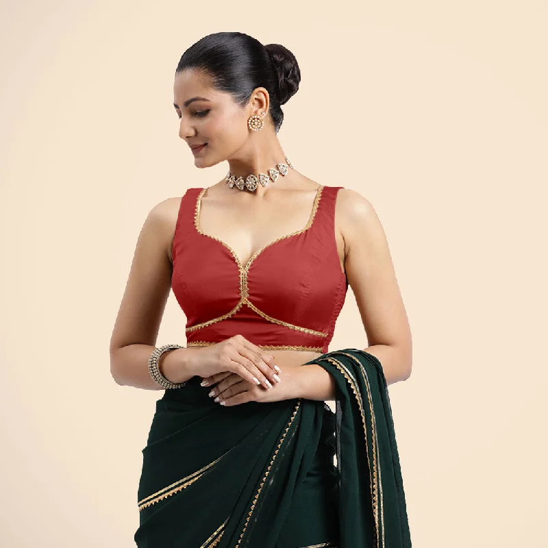 Ishika x Tyohaar | Crimson Red Sleeveless FlexiFit™ Saree Blouse with Beetle Leaf Neckline with Golden Gota Lace and Back Cut-out with Tie-Up