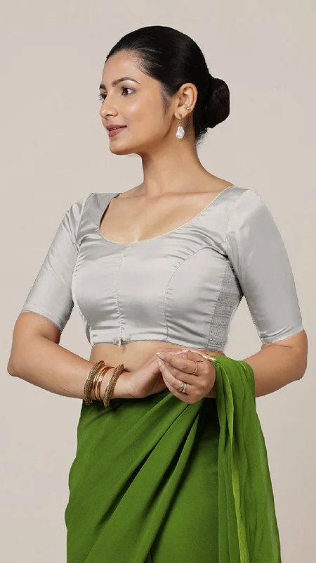 Anisha x Rozaana | Elbow Sleeves Saree Blouse in Silver