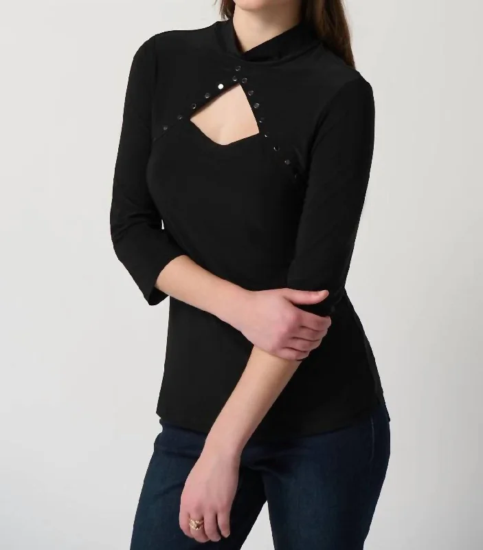 Silky Top Embellished Cutout Top In Black