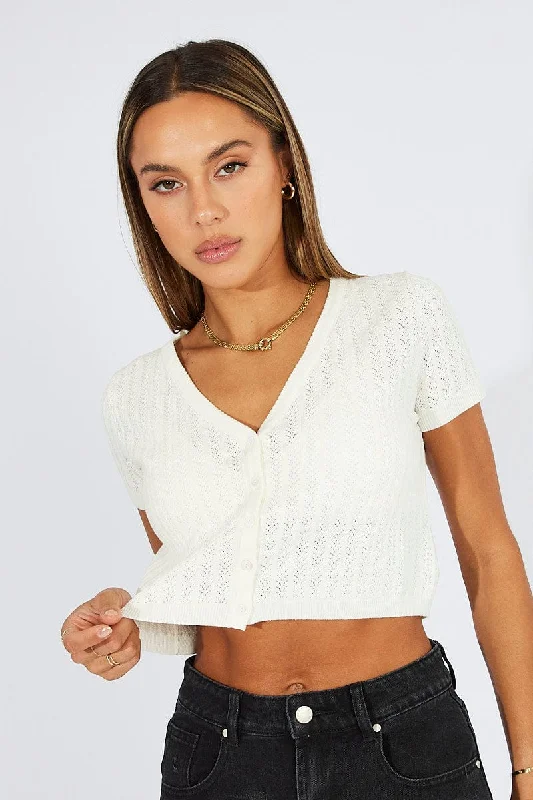 White Knit Cardigan Short Sleeve V Neck