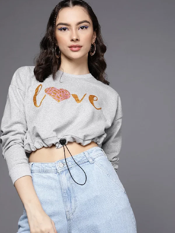 Women Grey Melange LOVE Pull Hem Crop Sweatshirt