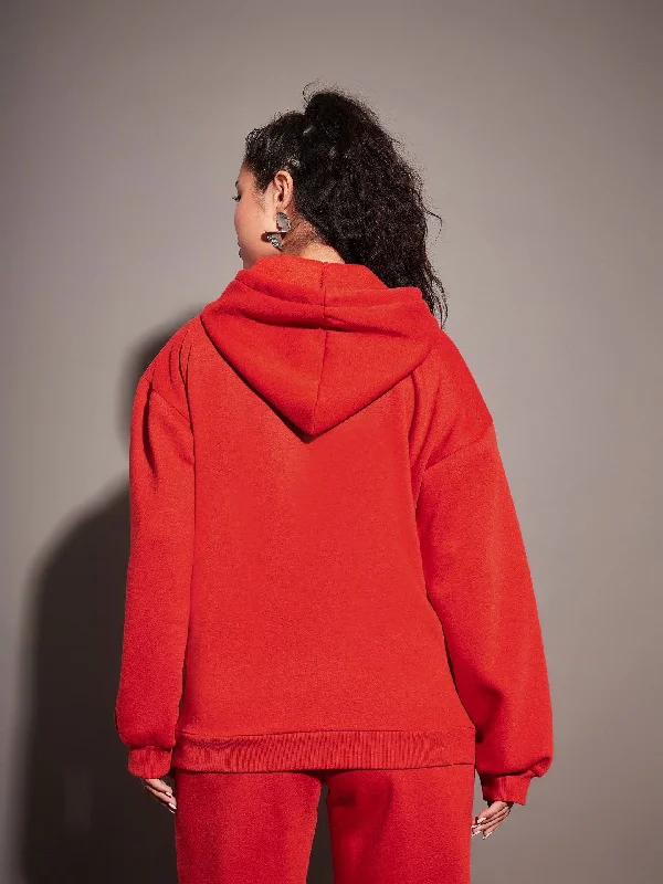 Women Red Fleece Oversized Hoodie