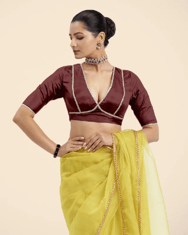 Zeenat x Tyohaar | Burgundy Saree Blouse w/ FlexiFit™ and Golden Gota Lace