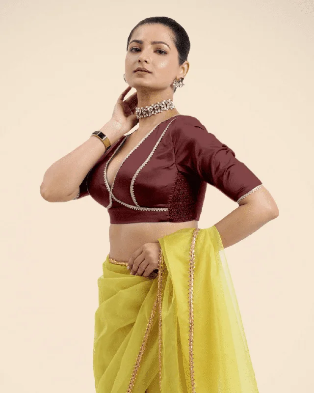 Zeenat x Tyohaar | Burgundy Saree Blouse w/ FlexiFit™ and Golden Gota Lace