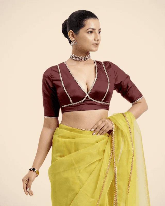 Zeenat x Tyohaar | Burgundy Saree Blouse w/ FlexiFit™ and Golden Gota Lace